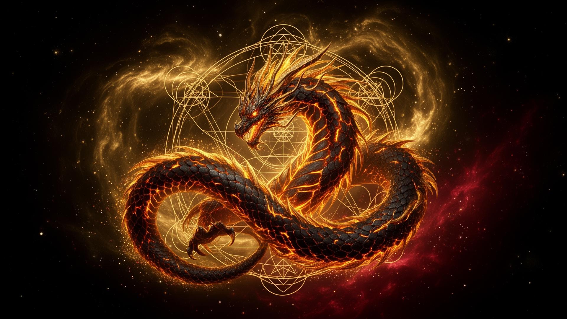 Cosmic Dragon coiled in sacred geometry